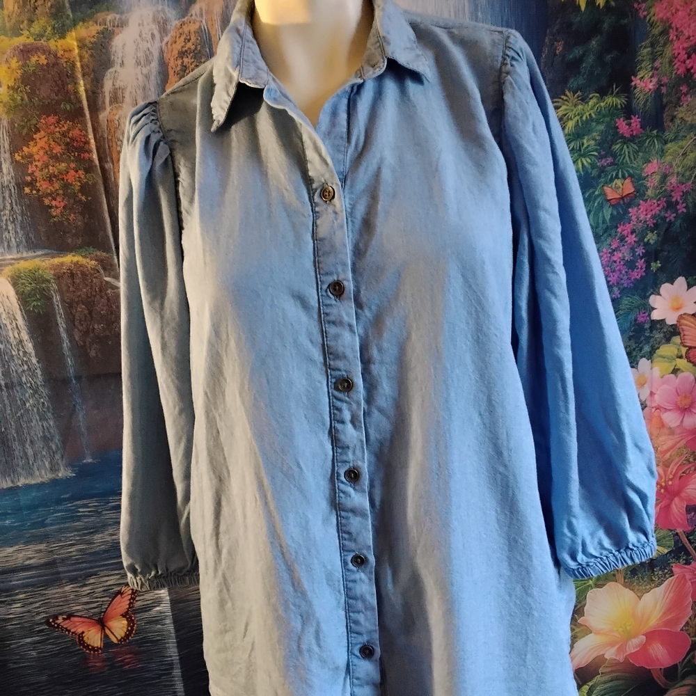 Beach Lunch Lounge Women’s SZ medium 3/4 sleeve button up denim top blouse shirt - Picture 4 of 6